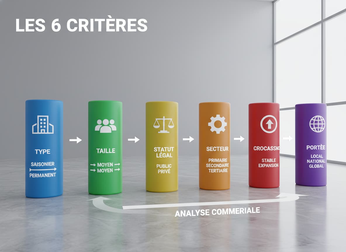 Six piliers colorés avec des icônes représentant des critères d'organisation, sur un sol en marbre gris, avec le texte 'LES 6 CRITÈRES' en haut.