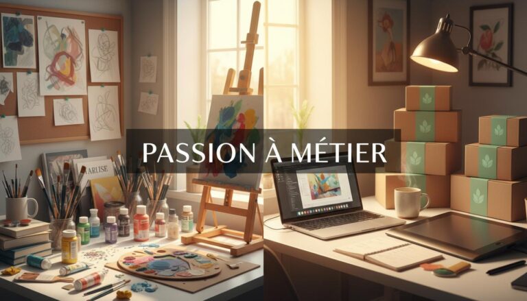 Un artiste dessine une illustration botanique sur une tablette numérique parmi des cartes et enveloppes sur un bureau avec le texte Illustration Digitale.