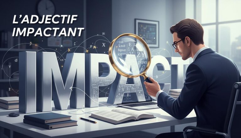 Un professionnel analyse à la loupe le mot IMPACT en lettres 3D au sein d'un bureau moderne agrémenté de diagrammes lexicaux et du titre L'ADJECTIF IMPACTANT.
