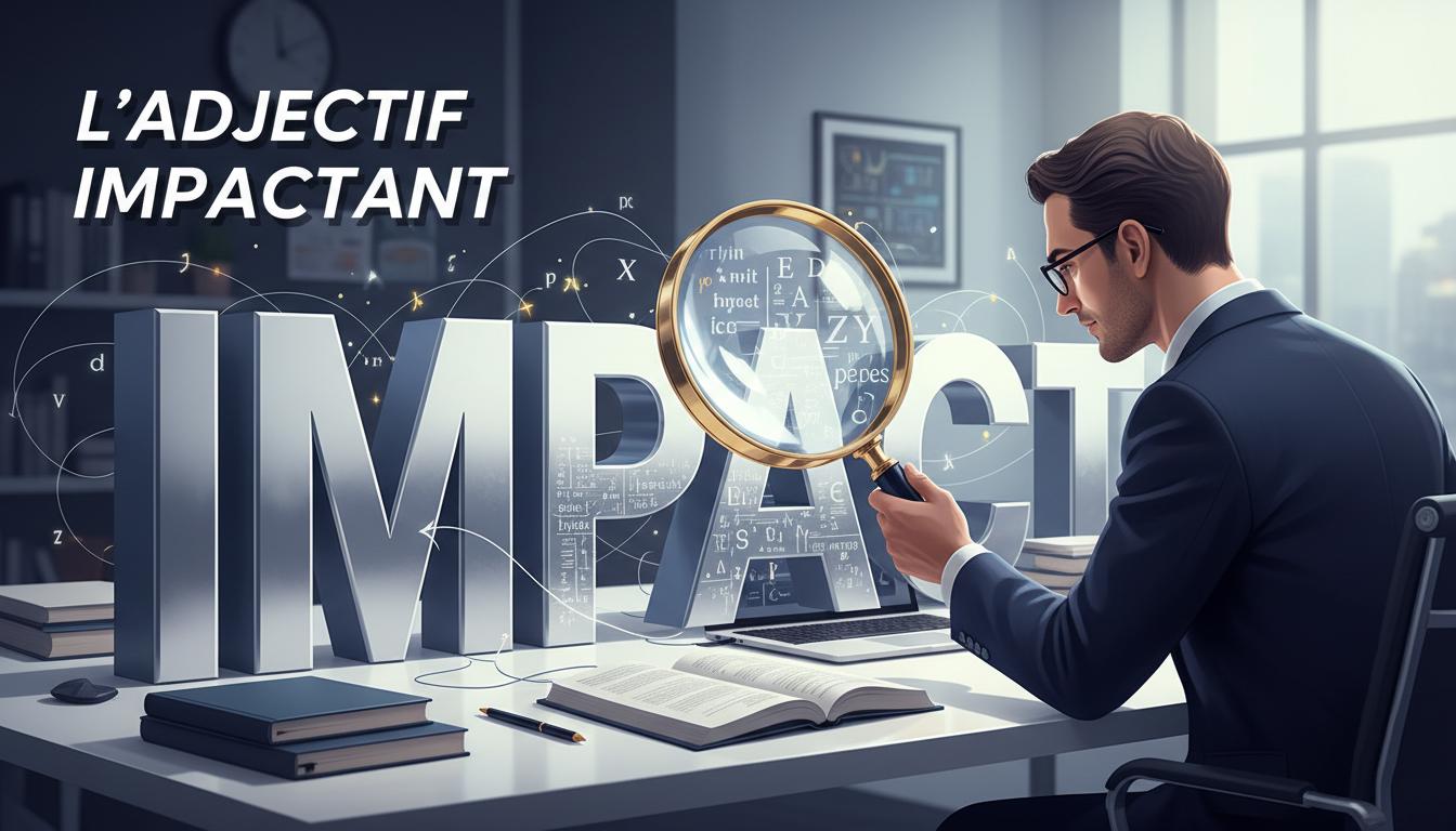 Un professionnel analyse à la loupe le mot IMPACT en lettres 3D au sein d'un bureau moderne agrémenté de diagrammes lexicaux et du titre L'ADJECTIF IMPACTANT.