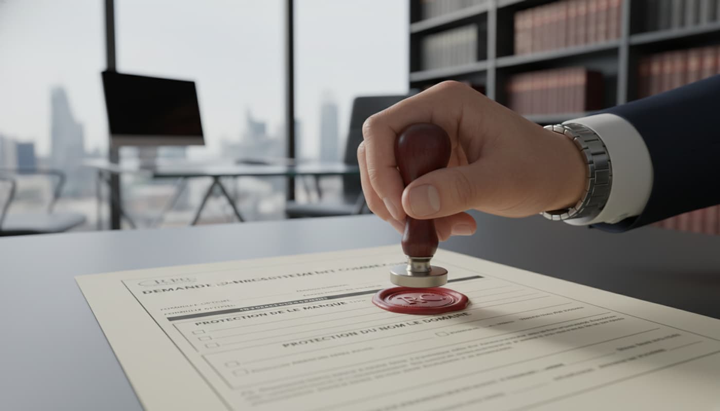 Une main appose un sceau rouge officiel sur un document d'enregistrement d'entreprise, affichant des sections pour la protection des marques et des noms de domaine, dans un bureau juridique moderne en arrière-plan flou.