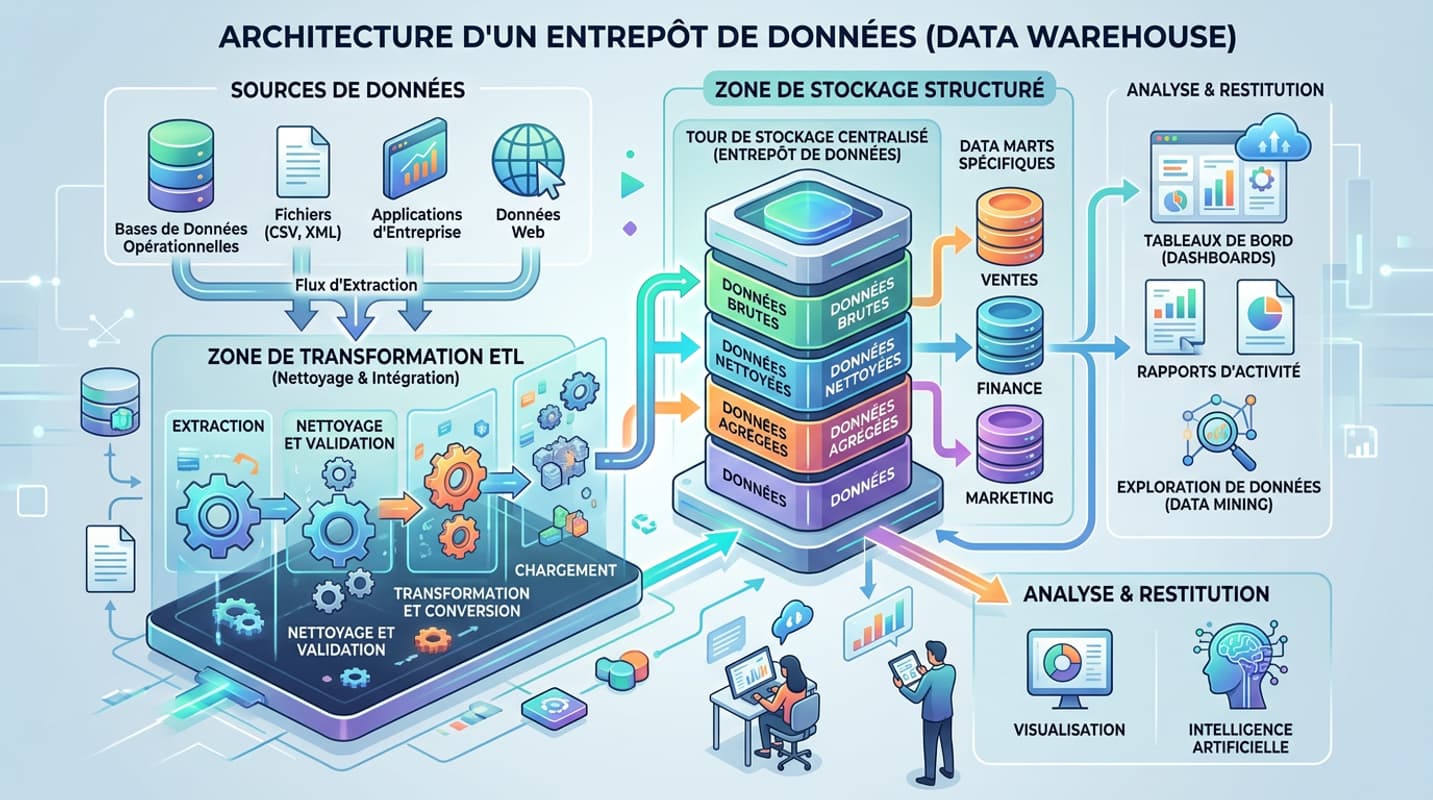 Une infographie technique décrivant l'architecture d'un entrepôt de données, montrant le flux d'informations relié par des flèches depuis les sources vers une zone de transformation avec des engrenages puis vers une tour de stockage centrale.