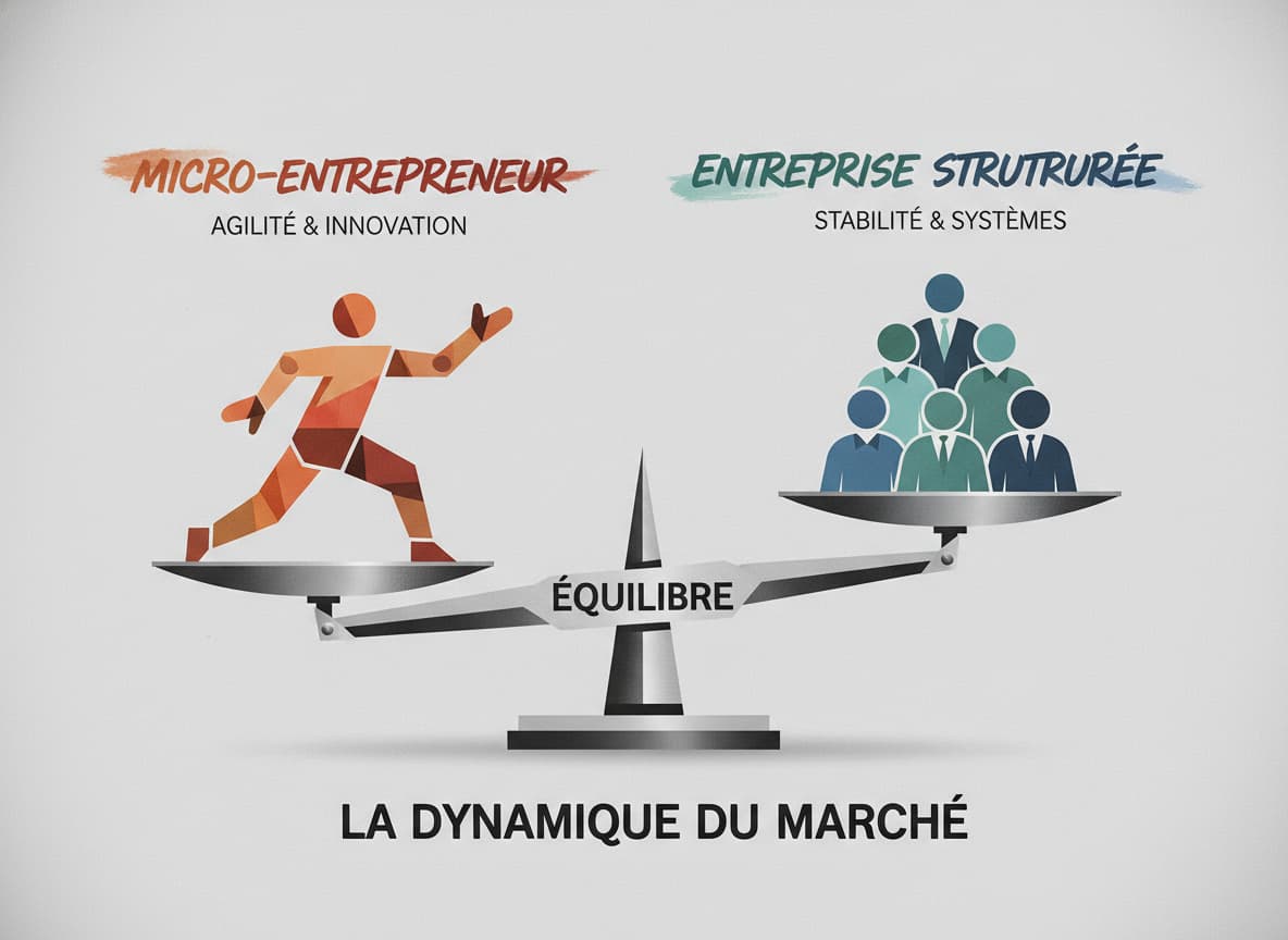 Illustration d'une balance avec d'un côté une figure stylisée représentant un micro-entrepreneur et de l'autre côté un groupe de figures représentant une société, sur fond gris neutre.