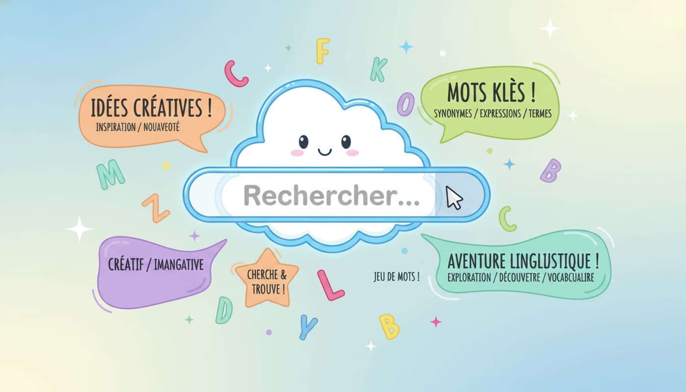 Illustration colorée d'une barre de recherche entourée de lettres flottantes et de bulles de mots contenant des combinaisons créatives et synonymes en français.