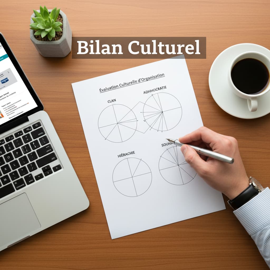 Vue de dessus d'un bureau professionnel avec un document imprimé présentant un modèle OCAI, une main tient un stylo et pointe un quadrant, un ordinateur portable et une tasse de café à côté.