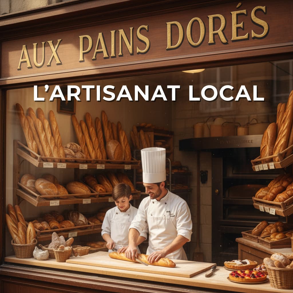 Un boulanger en tablier blanc apprend à un jeune apprenti à faire des entailles sur des baguettes dans une boulangerie traditionnelle, avec des étagères remplies de pains et viennoiseries en arrière-plan, et le texte 'L'ARTISANAT LOCAL' en superposition.