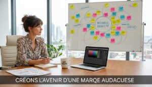 Un espace de bureau lumineux et moderne avec un professionnel créatif en pleine réflexion autour d'une table en bois, un ordinateur portable, un carnet de croquis et une tasse de café, tandis qu'un tableau blanc au fond est couvert de post-it colorés et de lignes formant une carte mentale. Un volet sombre en bas de l'image présente un texte.