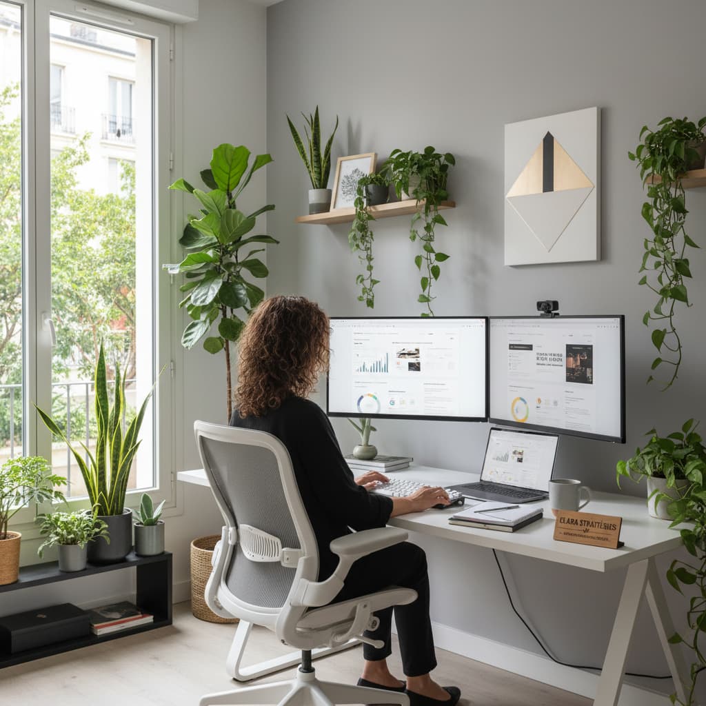 Une consultante en marketing digital travaille sur deux écrans dans un bureau lumineux orné de plantes, avec un carnet marqué 'Clara Stratégies'.