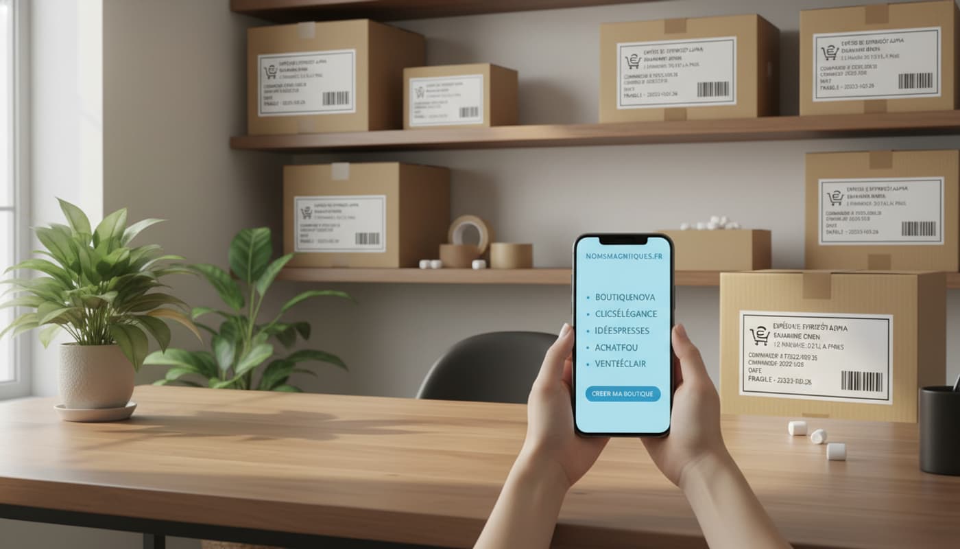 Un smartphone posé sur un bureau affiche des noms d'entreprise en français, tandis que des boîtes en carton étiquetées sont empilées à l'arrière-plan.