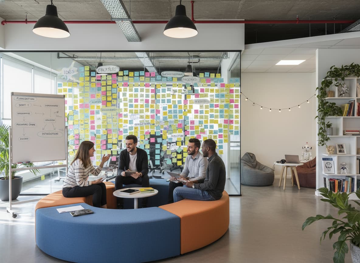 Un bureau moderne avec mobilier modulaire, une grande paroi vitrée couverte de notes autocollantes colorées en français, et des employés en tenue décontractée discutant autour d'une table.