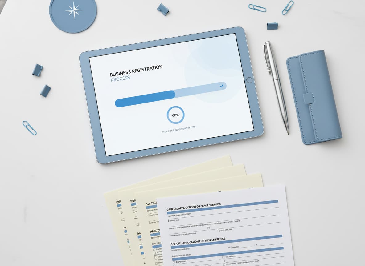 Un bureau organisé vu du dessus avec une tablette numérique affichant une barre de progression, un stylo design et des formulaires officiels.