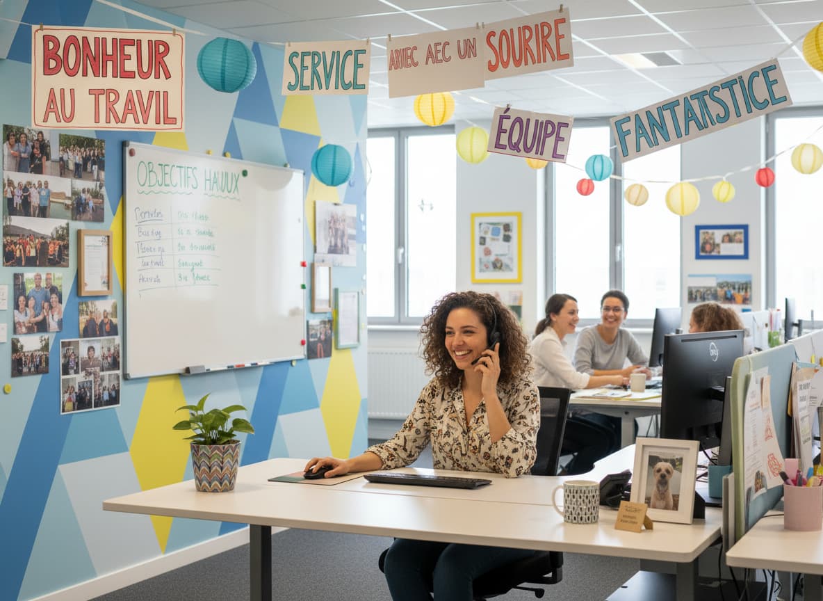 Un bureau décoré avec des photos d'équipe et des affiches motivantes en français, un employé souriant aide un client au téléphone.