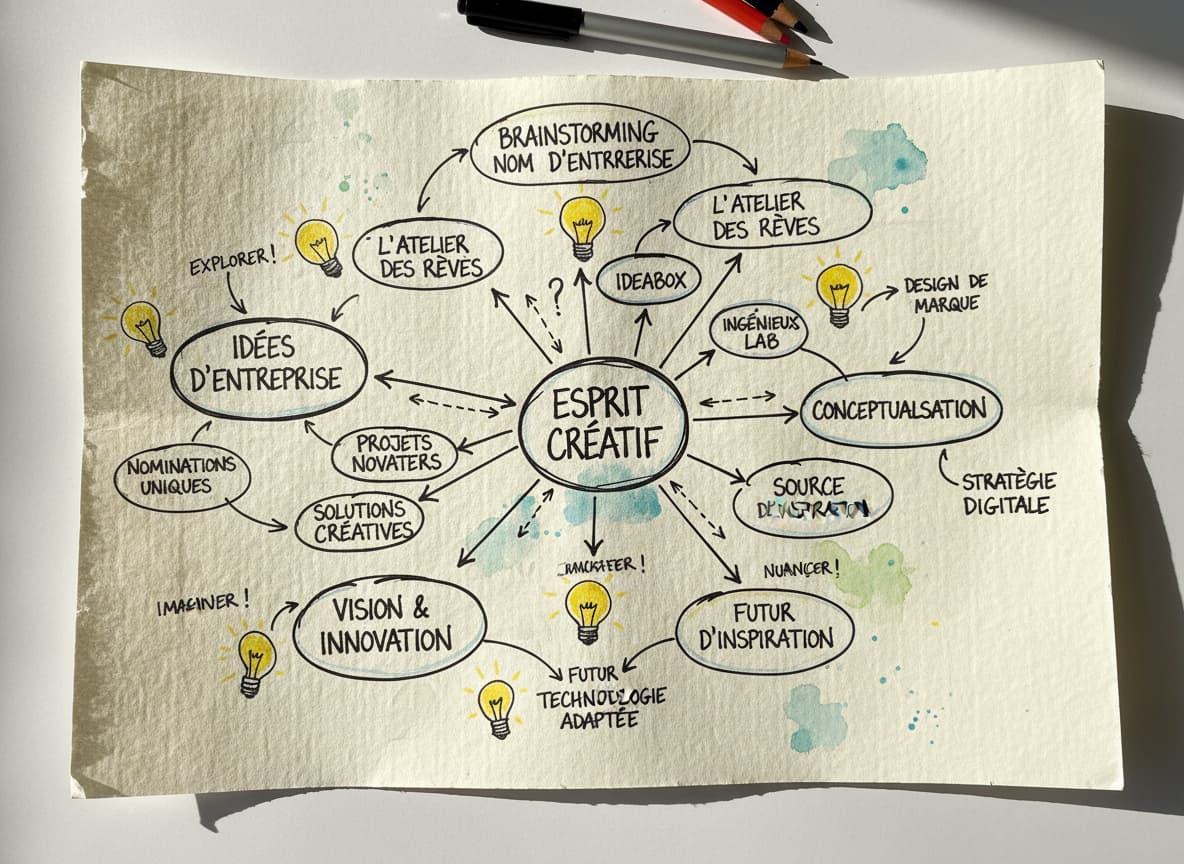 Vue du dessus artistique d'une carte mentale sur papier texturé, avec des mots-clés reliés par des flèches dessinées à la main et des croquis d'ampoules, centrée sur des idées de noms d'entreprise.
