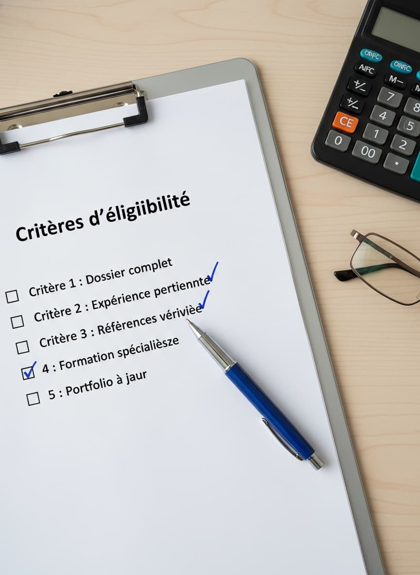 Plan rapproché vu du dessus d'une checklist professionnelle sur un porte-bloc, avec plusieurs éléments cochés à l'encre bleue, titrée 'Critères d'éligibilité', sur un bureau avec une calculatrice et des lunettes.