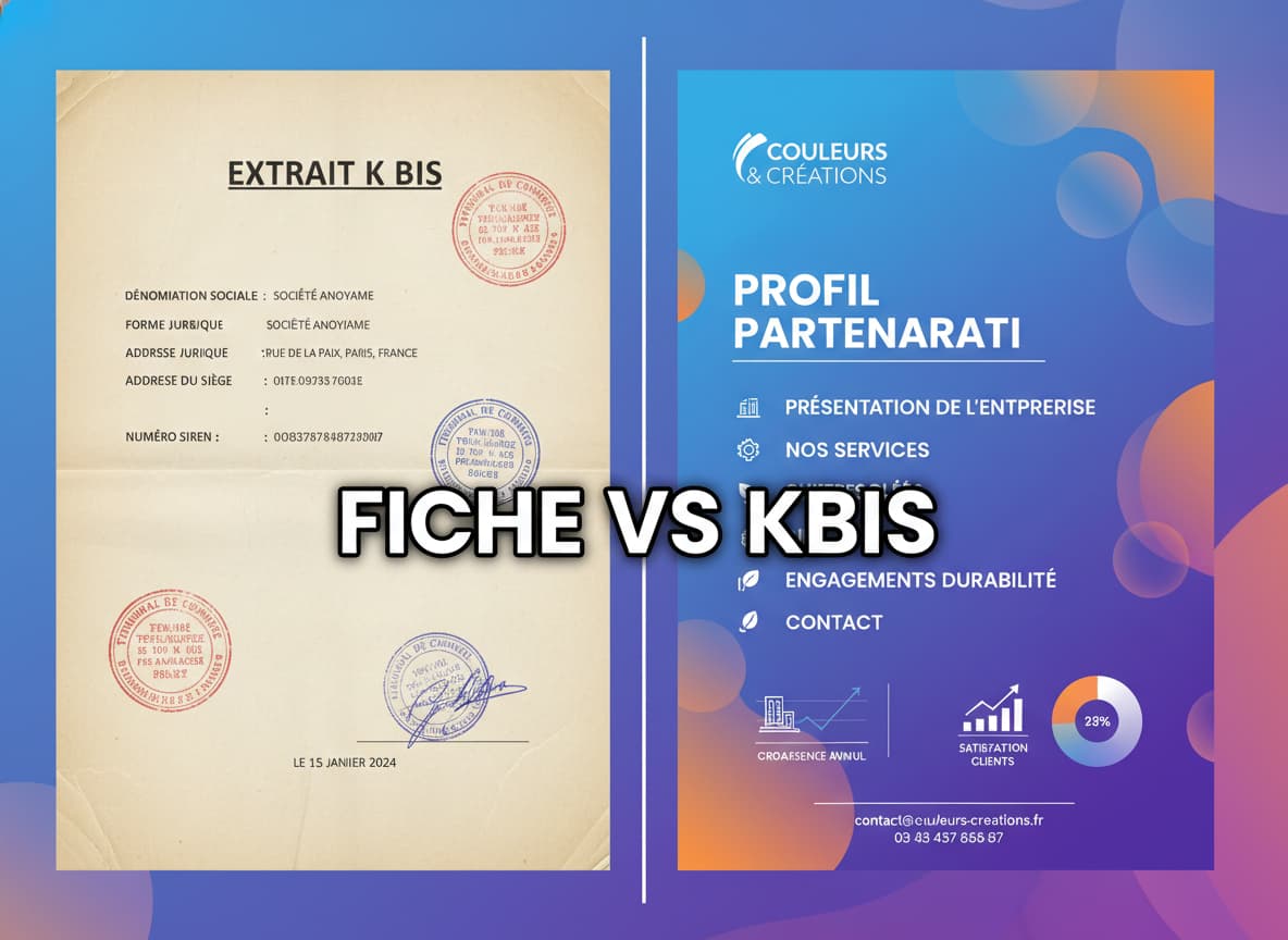 Comparaison visuelle entre un document officiel KBIS tamponné à gauche et une fiche d'identité entreprise moderne à droite, avec le texte 'FICHE VS KBIS' en superposition.