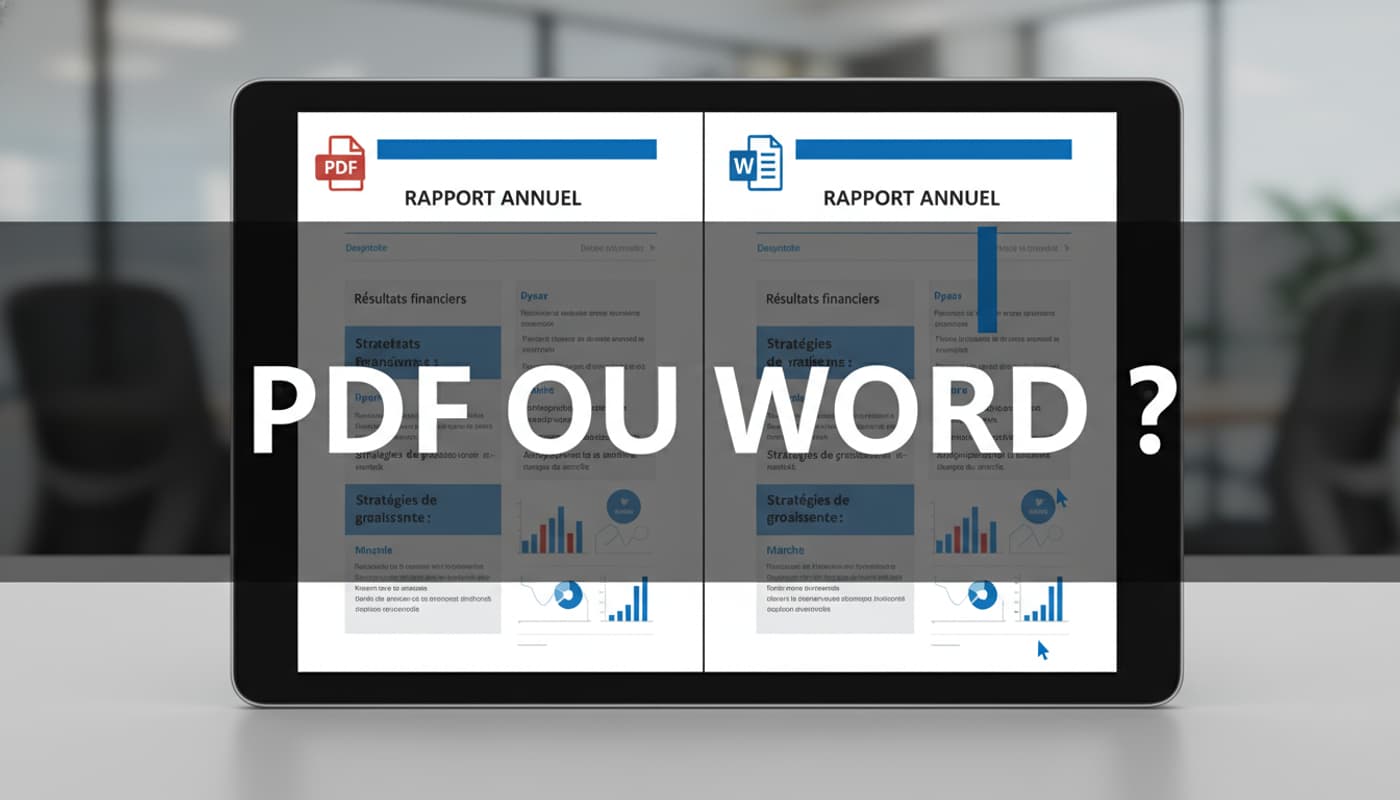 Sur un écran, comparaison côte à côte d'un PDF à mise en page fixe et d'un document Word modifiable avec curseur d'édition, icônes des formats PDF et Word, avec texte superposé 'PDF OU WORD ?' sur fond sombre semi-transparent.