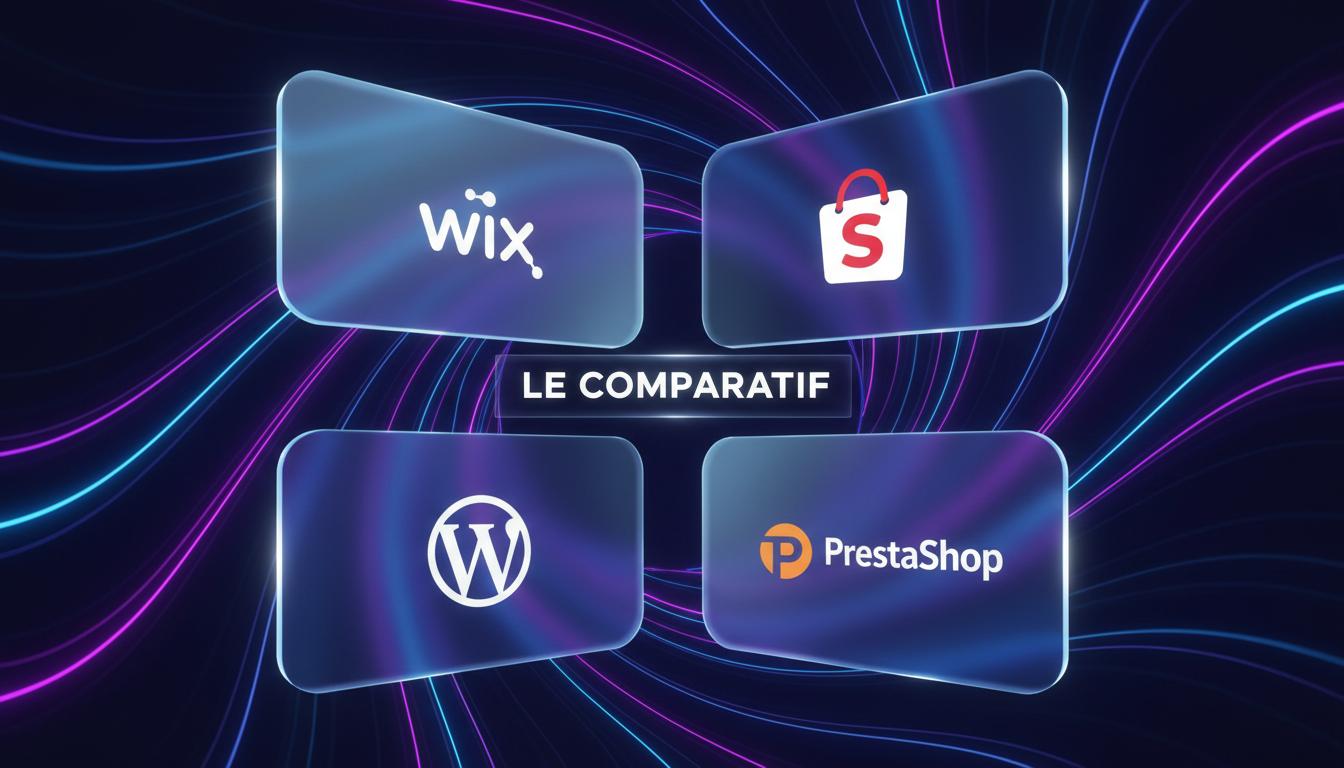 Panneaux en verre dépoli avec logos Wix, Shopify, WordPress et PrestaShop en cercle sur fond sombre aux lueurs néon avec inscription centrale LE COMPARATIF.