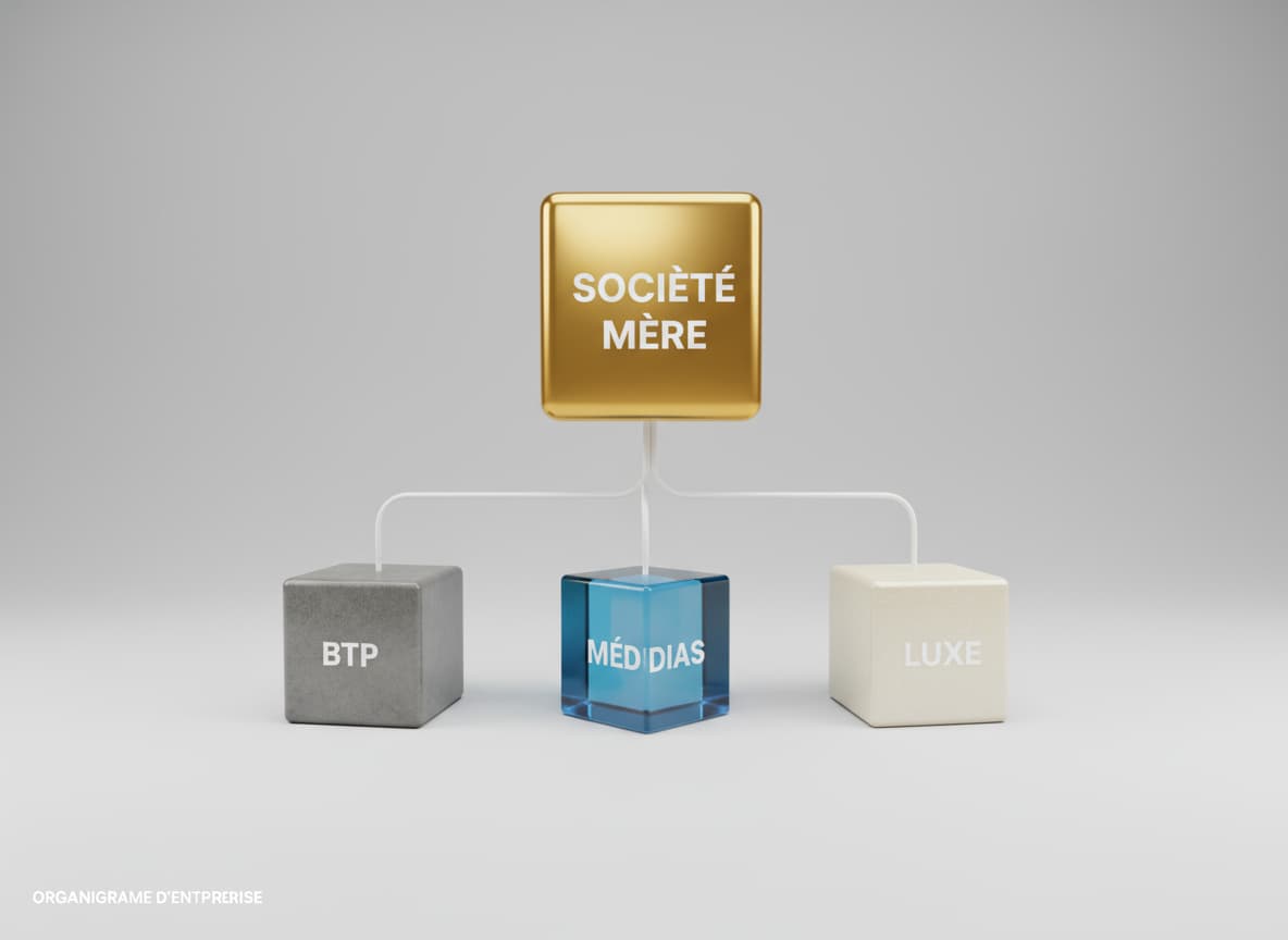 Un grand cube doré étiqueté SOCIÉTÉ MÈRE est relié par des lignes à des cubes plus petits étiquetés BTP, MÉDIAS et LUXE sur un fond gris neutre.