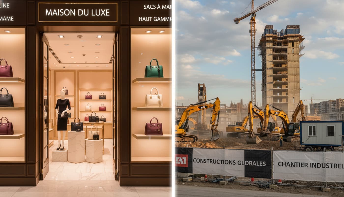 Split-screen composition montrant à gauche une boutique de luxe pour sacs à main et à droite un chantier industriel avec des excavatrices jaunes, éclairage cinématographique lumineux.