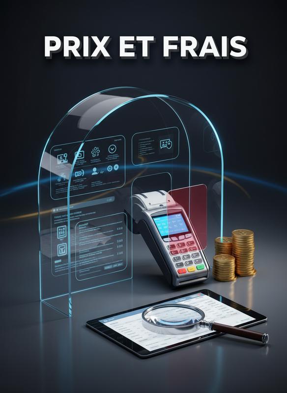 Une vitrine numérique en verre côtoie un terminal de paiement moderne, des pièces d'or et une loupe posée sur un plan tarifaire marqué PRIX ET FRAIS.