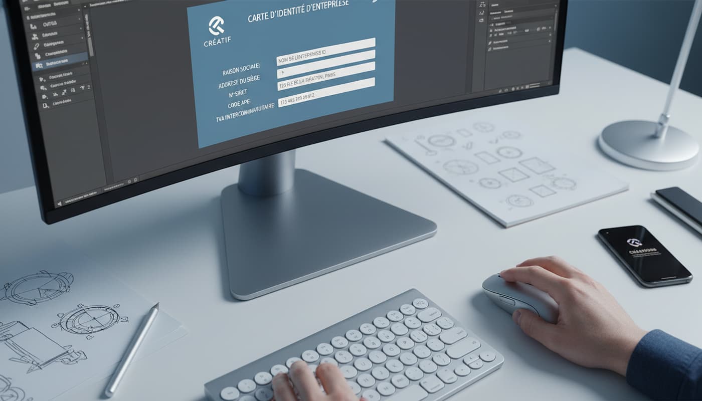 Une personne utilise un ordinateur avec un clavier et une souris, l'écran affiche un logiciel de design graphique avec un formulaire d'identité d'entreprise en français, sur un bureau moderne avec des croquis et un smartphone.