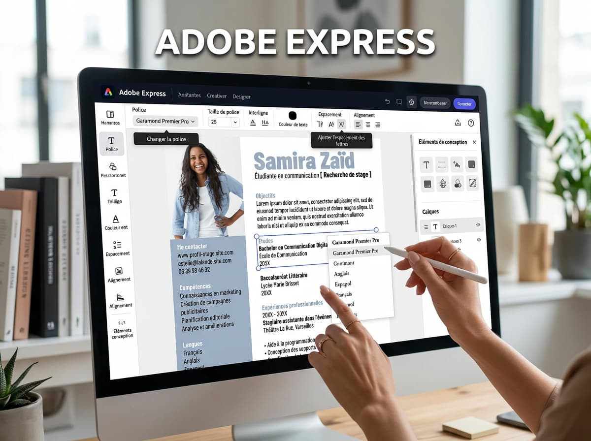 Un écran d'ordinateur haute résolution affiche un CV professionnel en cours d'édition avec des outils de design avancés et une typographie élégante, avec un texte superposé 'ADOBE EXPRESS'.