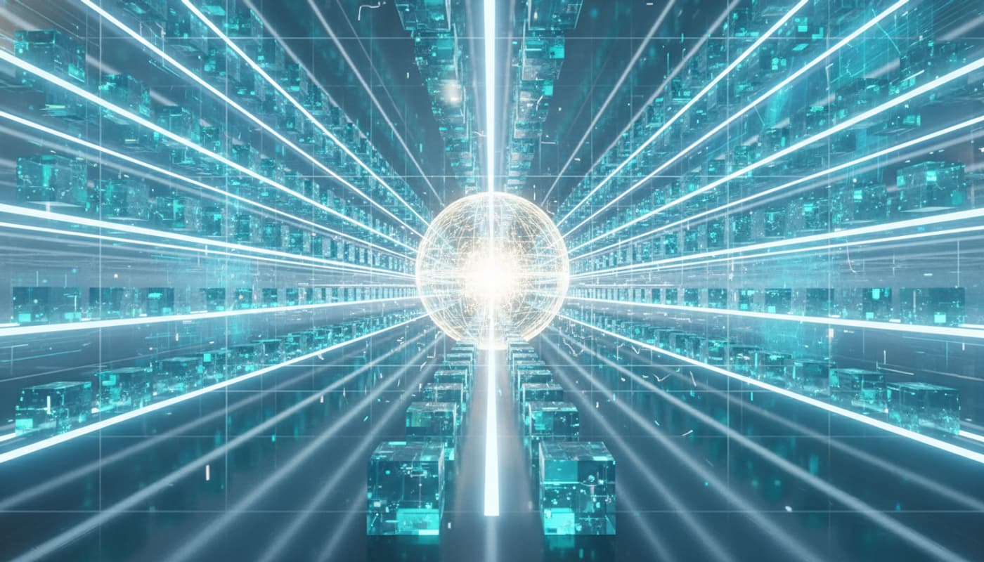 Une vaste bibliothèque numérique avec des cubes de données lumineux organisés sur des étagères de lumière, centrée autour d'un hub radieux dans des tons bleu profond et sarcelle.