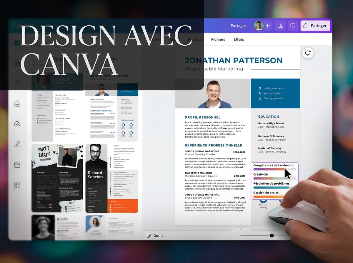 Premier plan d'un écran d'interface de conception graphique avec des modèles de CV colorés, une main utilise une souris pour faire glisser et déposer des éléments comme des icônes et des barres de compétences, avec un texte superposé 'DESIGN AVEC CANVA' sur un fond sombre semi-transparent.