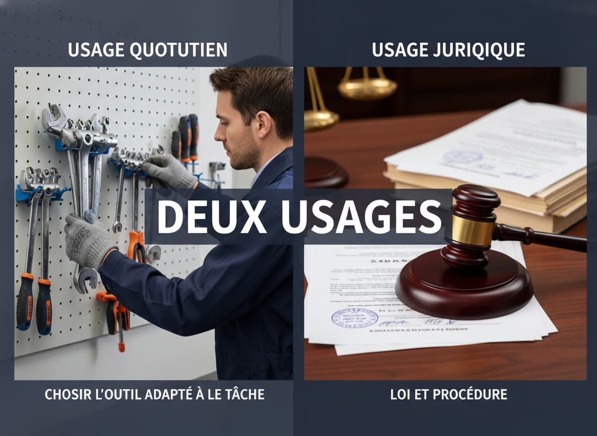 Un montage en deux parties montrant à gauche un professionnel choisissant un outil dans un atelier, et à droite un marteau de juge et des documents juridiques sur un bureau en acajou, avec le texte 'DEUX USAGES' superposé.