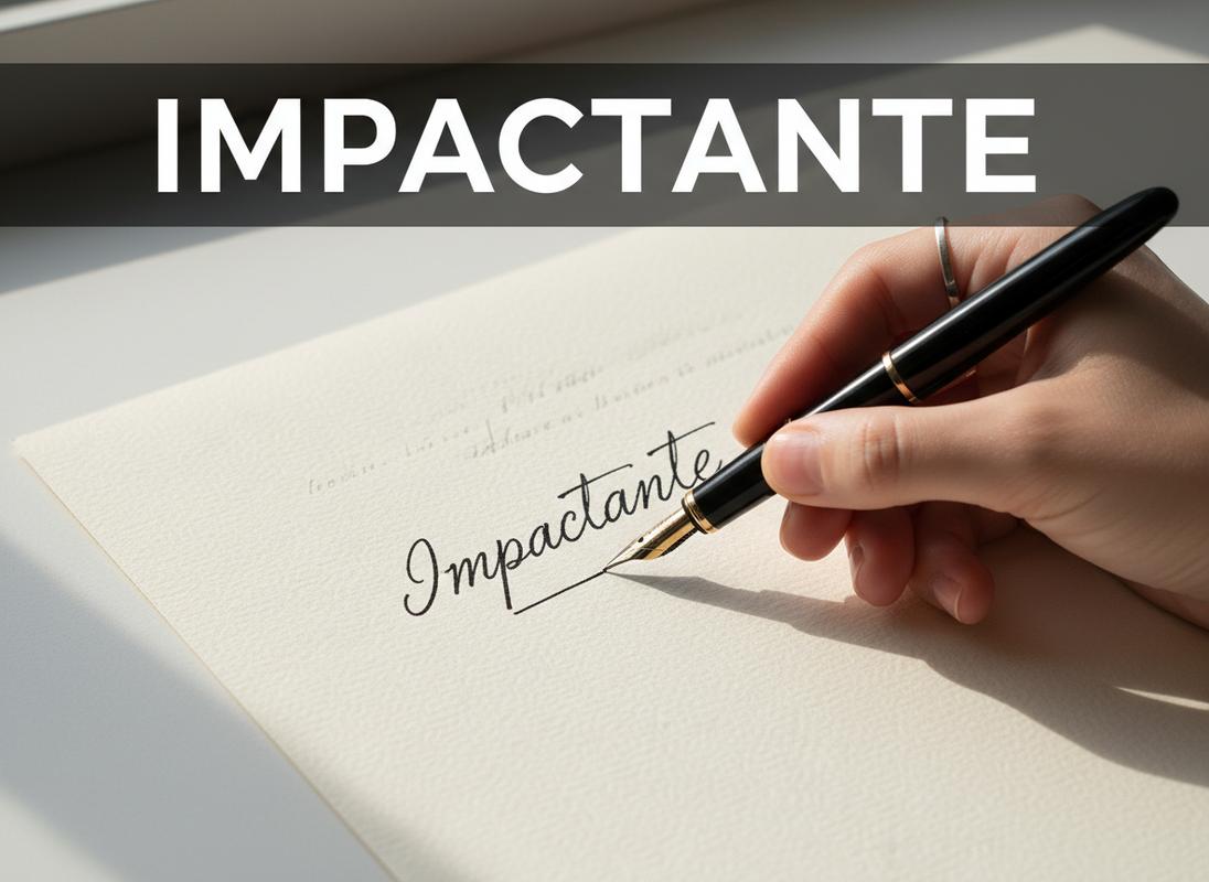 Une main souligne la lettre e finale du mot impactante avec un stylo-plume sur du papier texturé sous une lumière naturelle douce.