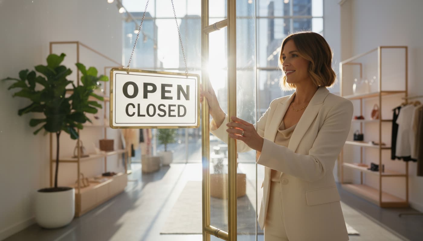 Un entrepreneur élégant tourne un panneau réversible sur la porte vitrée d'une boutique minimaliste baignée de lumière chaude.