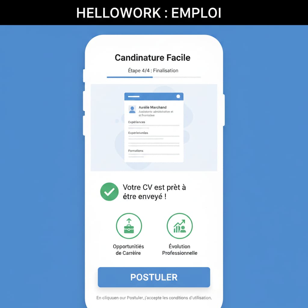 Interface mobile d'envoi de CV avec bouton Postuler, icônes de progression de carrière et texte HELLOWORK : EMPLOI.