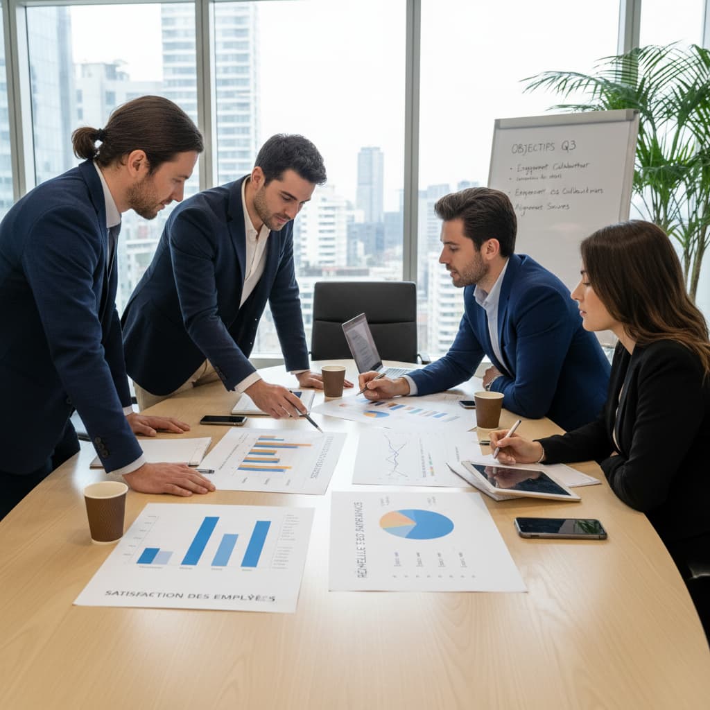 Une équipe de professionnels RH collabore autour d'une table en analysant des graphiques colorés représentant la satisfaction des employés et les grilles salariales.