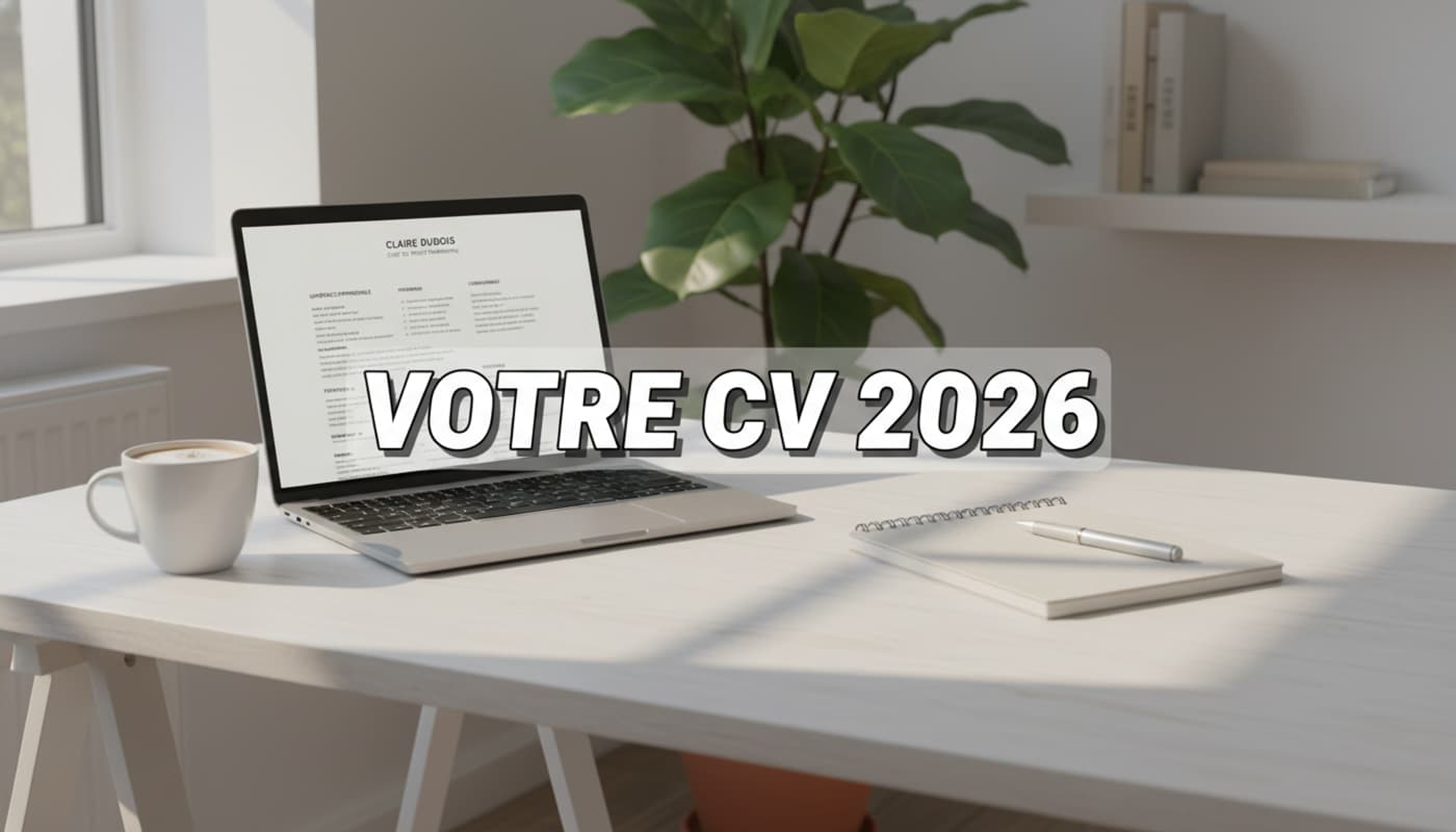 Un espace de travail blanc et lumineux avec un ordinateur portable affichant un modèle de CV en français, un carnet, un stylo et une tasse de café, avec le texte 'VOTRE CV 2026' en superposition.