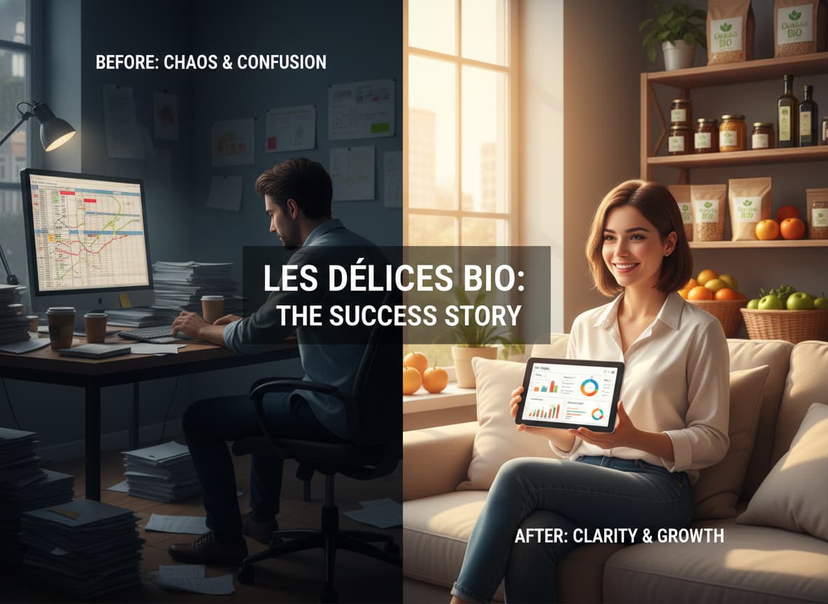 Un écran partagé montrant à gauche un bureau sombre et encombré avec des feuilles de calcul, et à droite un bureau moderne et lumineux avec une personne souriante regardant une tablette affichant un tableau de bord, avec des produits alimentaires biologiques en arrière-plan et un texte superposé sur un voile sombre semi-transparent.