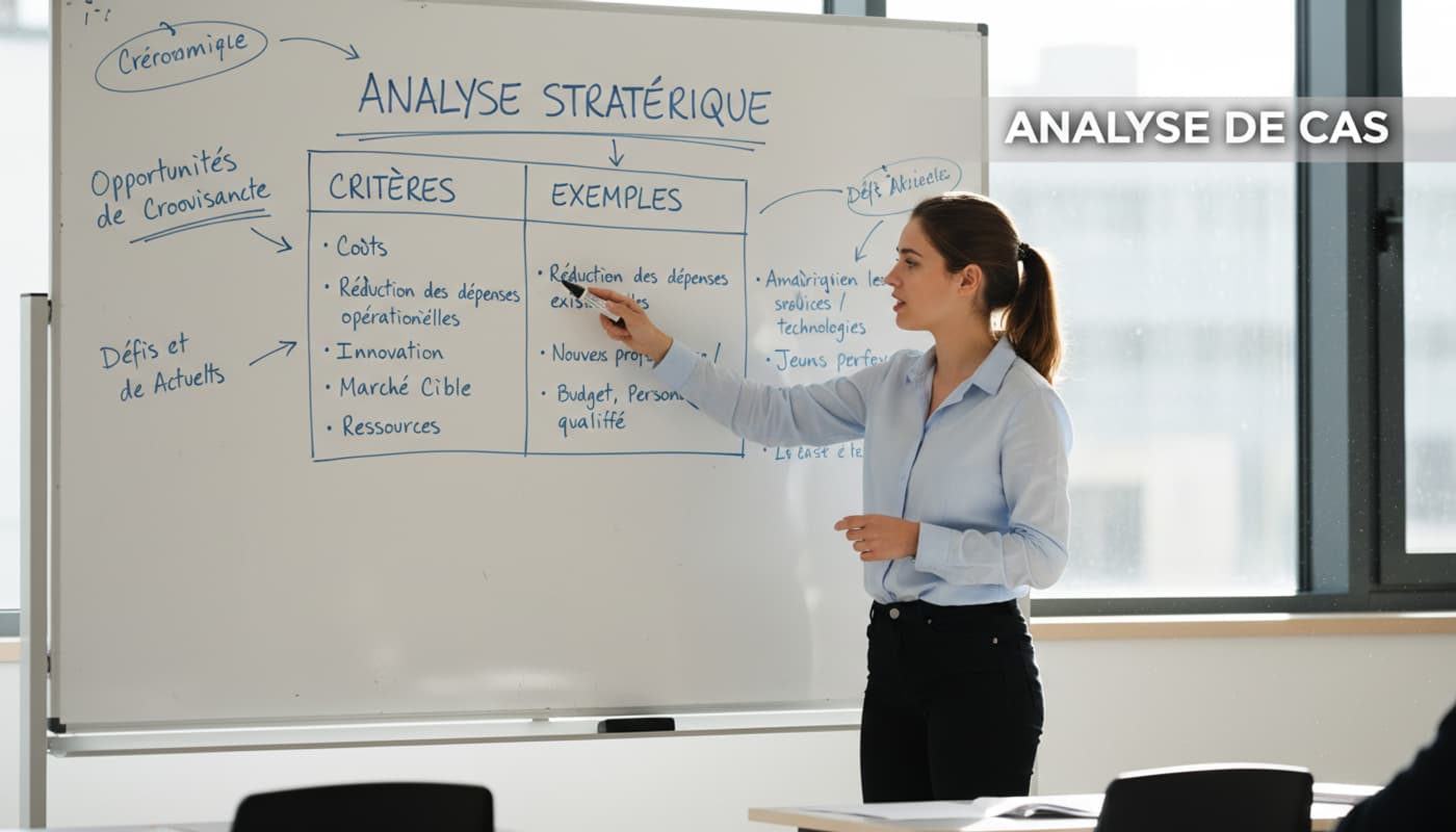 Un jeune étudiant en management pointe un tableau blanc sur lequel est dessiné un tableau d'analyse avec des critères et des exemples, avec le texte 'ANALYSE DE CAS' en incrustation.