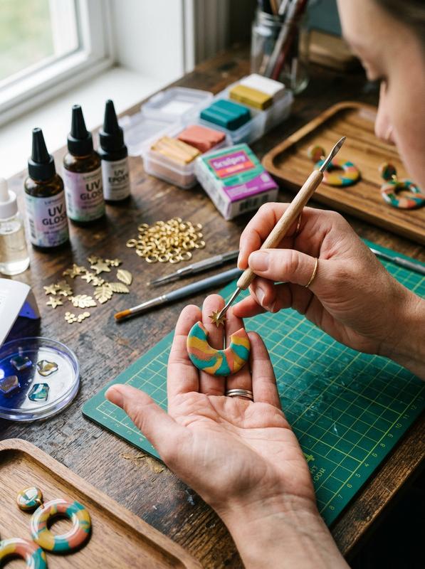 Un carnet artisanal à motifs floraux repose sur une table en bois entouré de papier texturé, d'un plioir en os et d'outils de reliure.