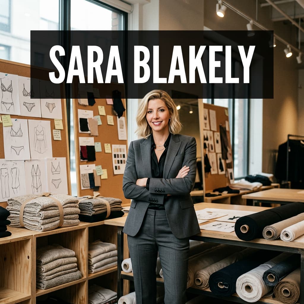Femme d'affaires blonde en tailleur élégant dans un showroom de luxe, entourée de croquis de vêtements et de rouleaux de tissu, avec un texte superposé 'SARA BLAKELY' sur fond sombre.