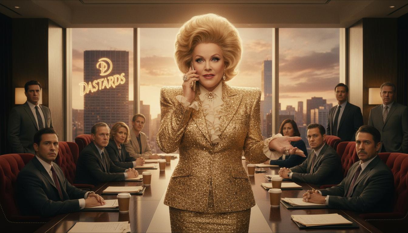 Une femme d'affaires à la tenue extravagante et au regard assuré pose au centre d'une salle de conseil luxueuse et imposante.