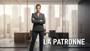 Une femme en costume de tailleur sourit bras croisés dans un bureau vitré devant un panorama urbain, avec l'inscription textuelle LA PATRONNE.