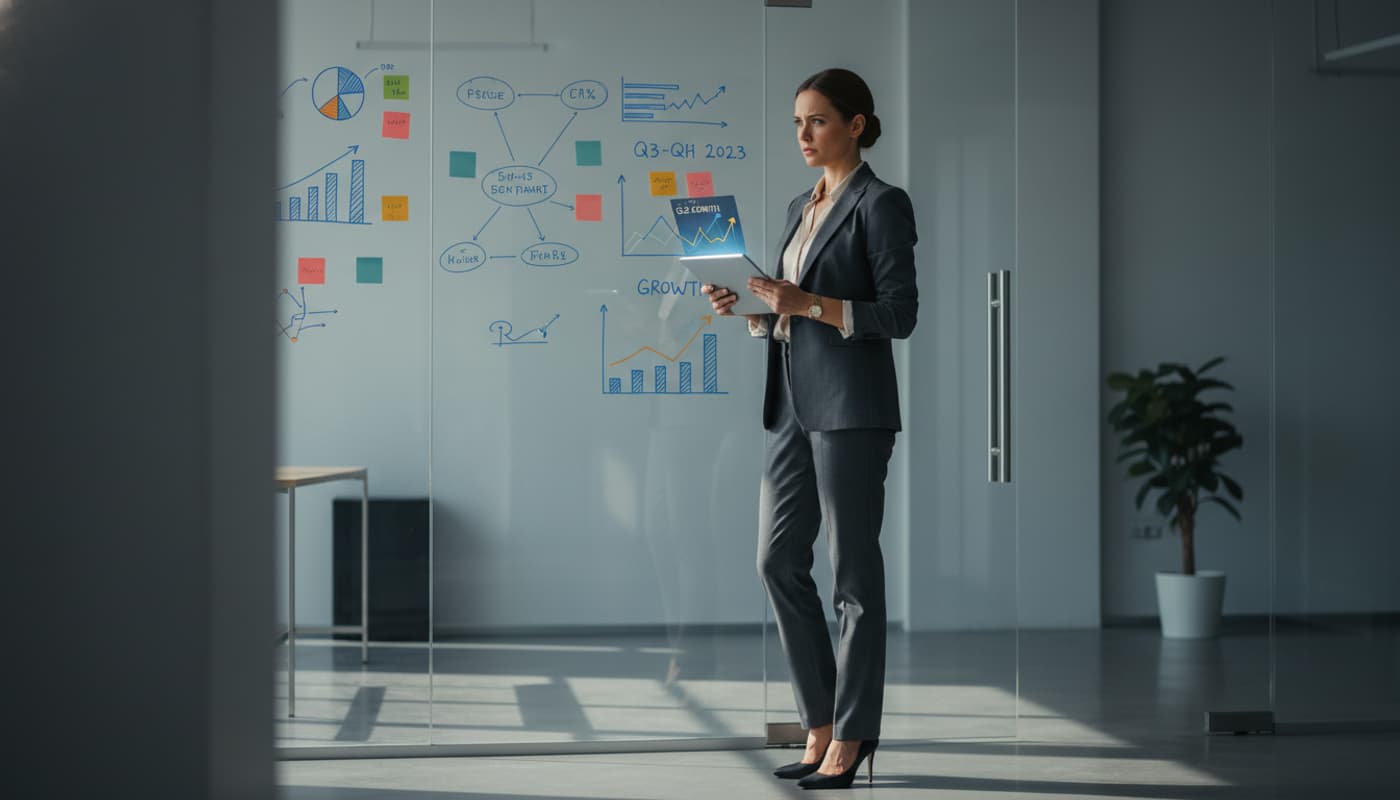 Femme d'affaires déterminée dans un bureau moderne analysant des graphiques de croissance sur une tablette numérique devant un mur de verre couvert de notes adhésives organisées.