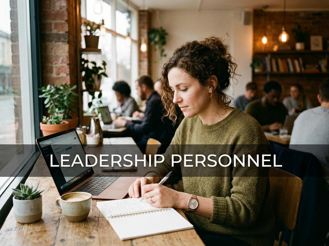 Une femme travaille sereinement avec son ordinateur portable et un carnet dans un café ensoleillé, surmonté du texte Leadership Personnel.