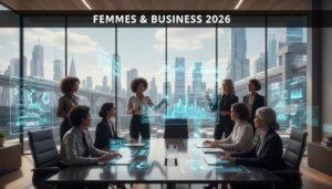 Wide shot of diverse confident women entrepreneurs in a bright modern glass-walled office with holographic data screens, with overlay text 'FEMMES & BUSINESS 2026' on a dark banner.