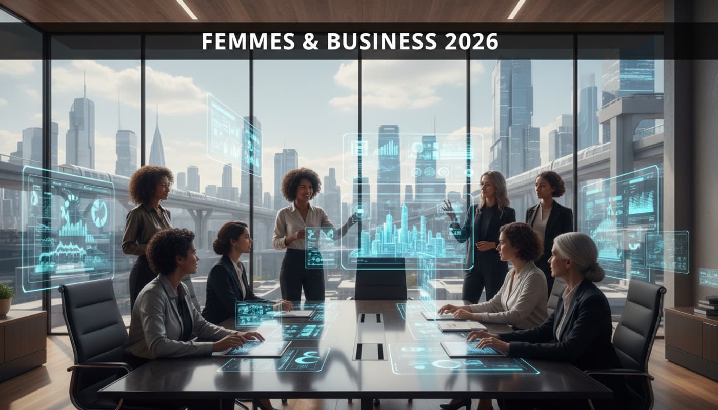 Wide shot of diverse confident women entrepreneurs in a bright modern glass-walled office with holographic data screens, with overlay text 'FEMMES & BUSINESS 2026' on a dark banner.