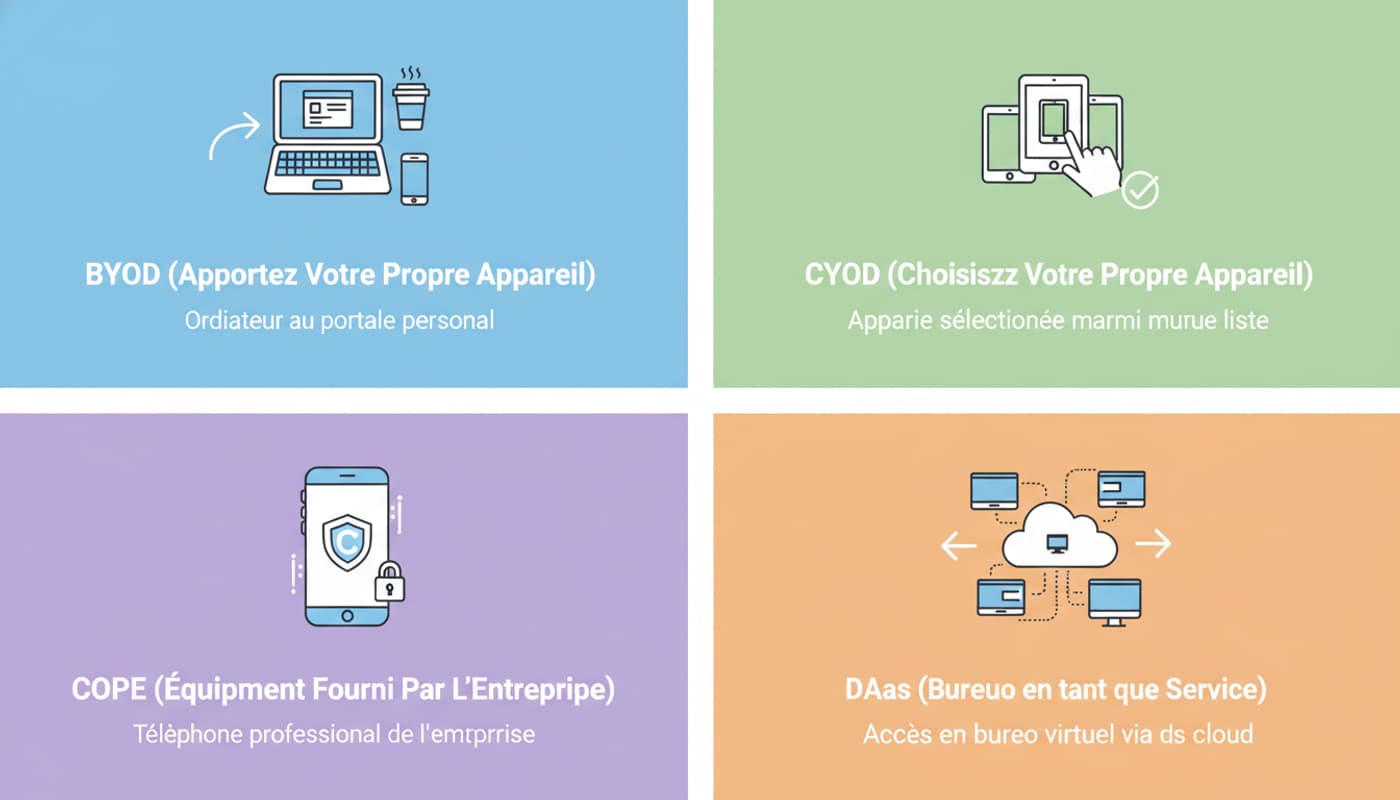 Grille comparant quatre icônes représentant les modèles BYOD, CYOD, COPE et DaaS, avec légendes en français.