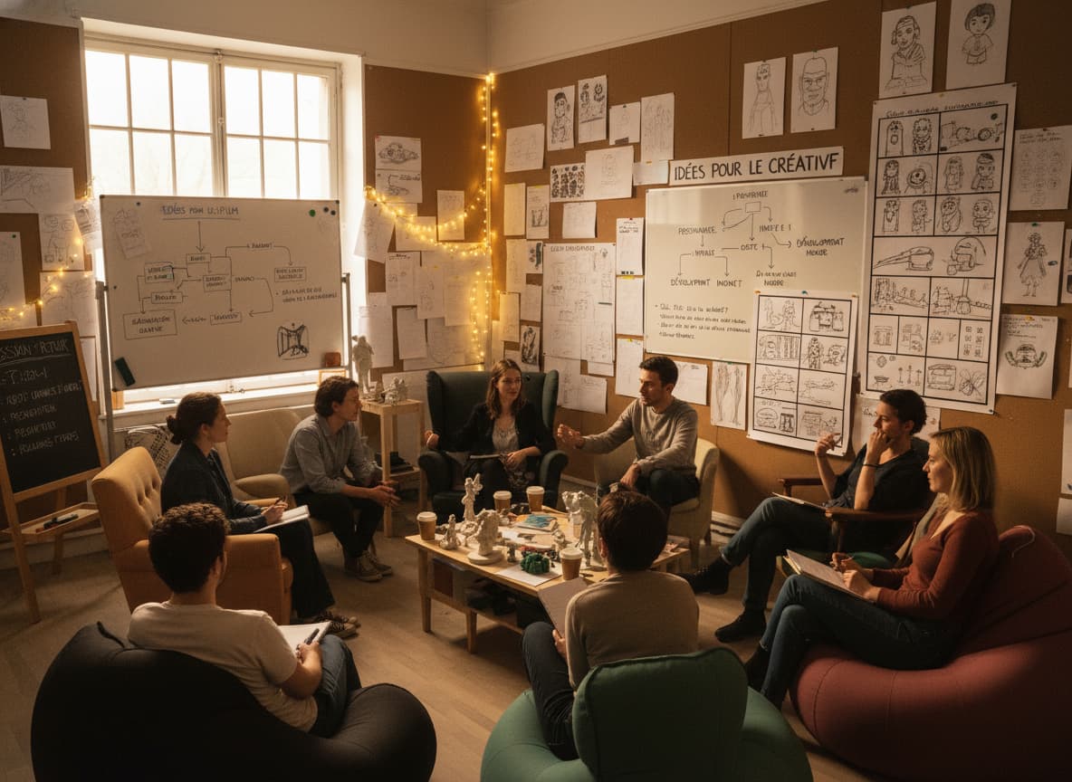 Un groupe de créateurs assis en cercle dans un studio lumineux, avec des storyboards et des croquis de personnages, dans une ambiance collaborative.