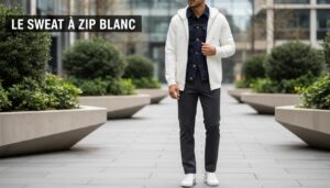 Un homme élégant porte un sweat à capuche blanc zippé sur une veste en jean bleu marine dans un décor urbain avec l'inscription textuelle Le Sweat à Zip Blanc.