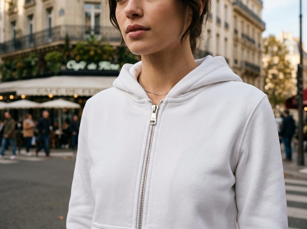 Zoom sur les coutures précises et le zip argenté d'un sweat à capuche blanc ajusté devant une rue parisienne floue.