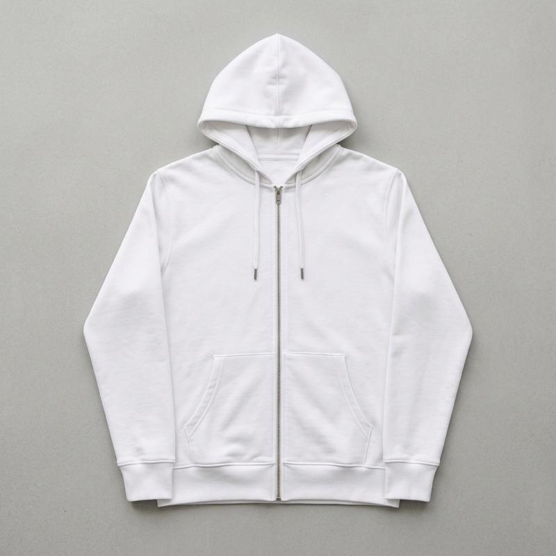 Un sweat à capuche blanc à fermeture éclair est disposé à plat de manière symétrique sur un fond gris clair minimaliste sous un éclairage doux.