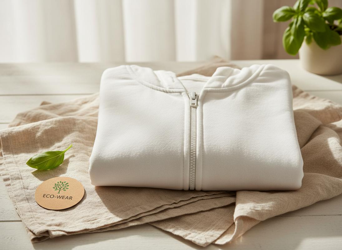 Sweat à capuche zippé blanc en coton biologique plié sur des tissus en lin naturel avec une petite feuille verte sous une lumière solaire douce.